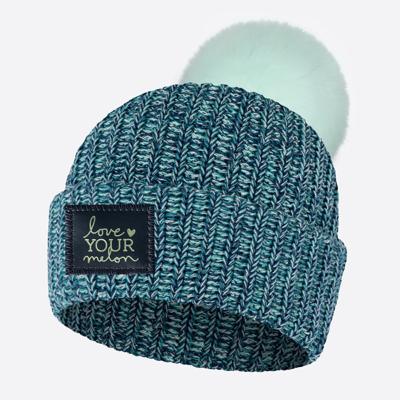 Navy, Light Teal, and Seafoam Speckled Pom Beanie