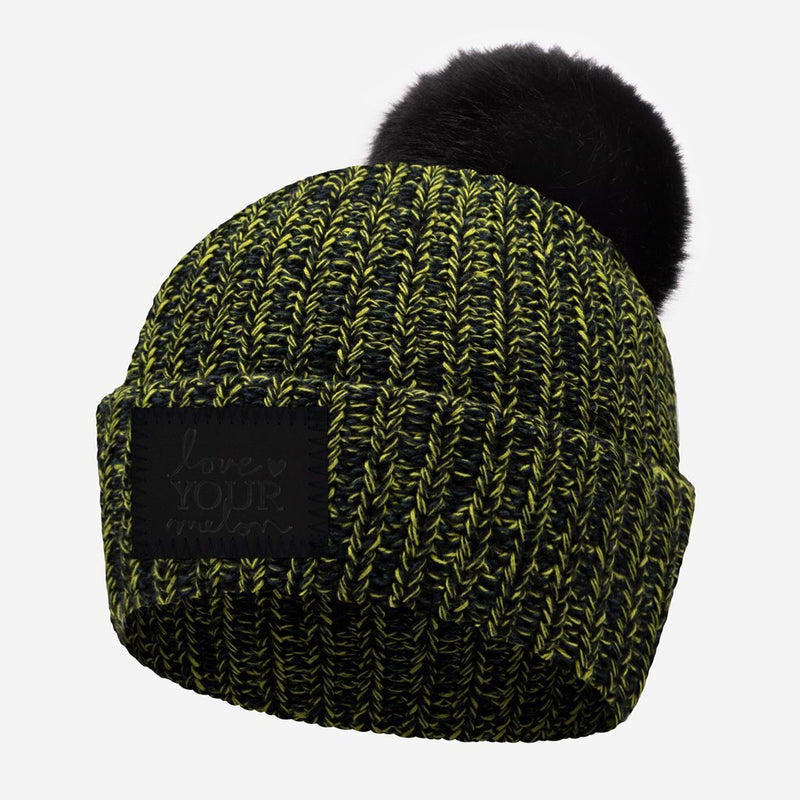Black, Dark Charcoal, Chartreuse Speckled Pom Beanie (Black Leather Patch)