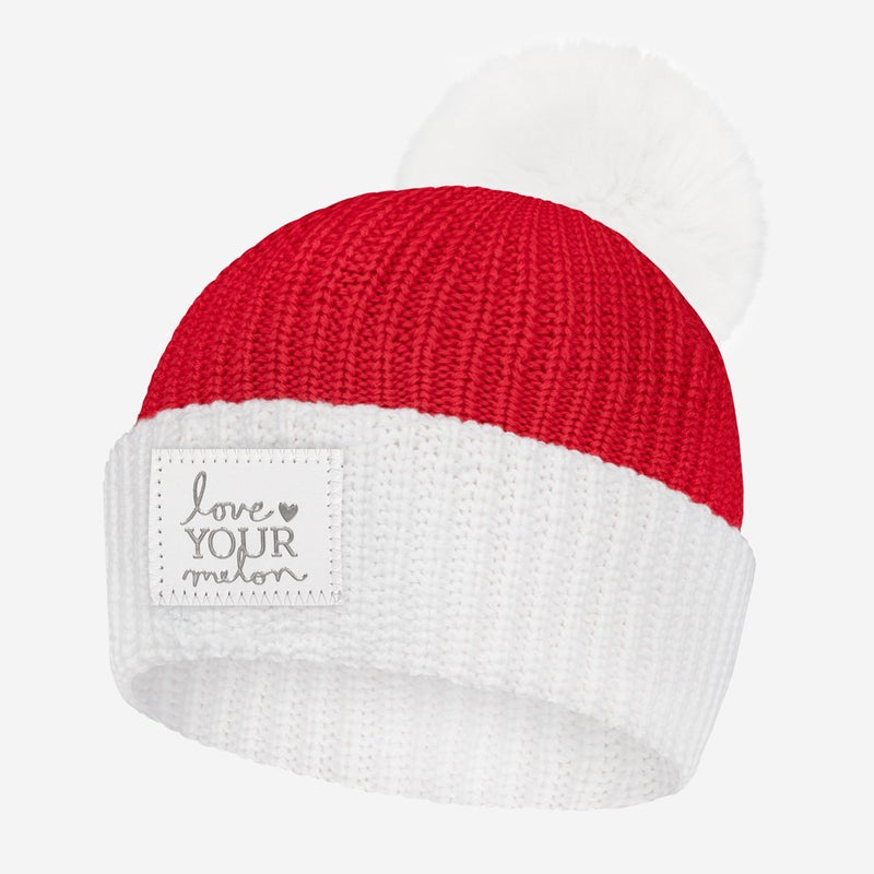 Red and White Silver Foil Pom Beanie
