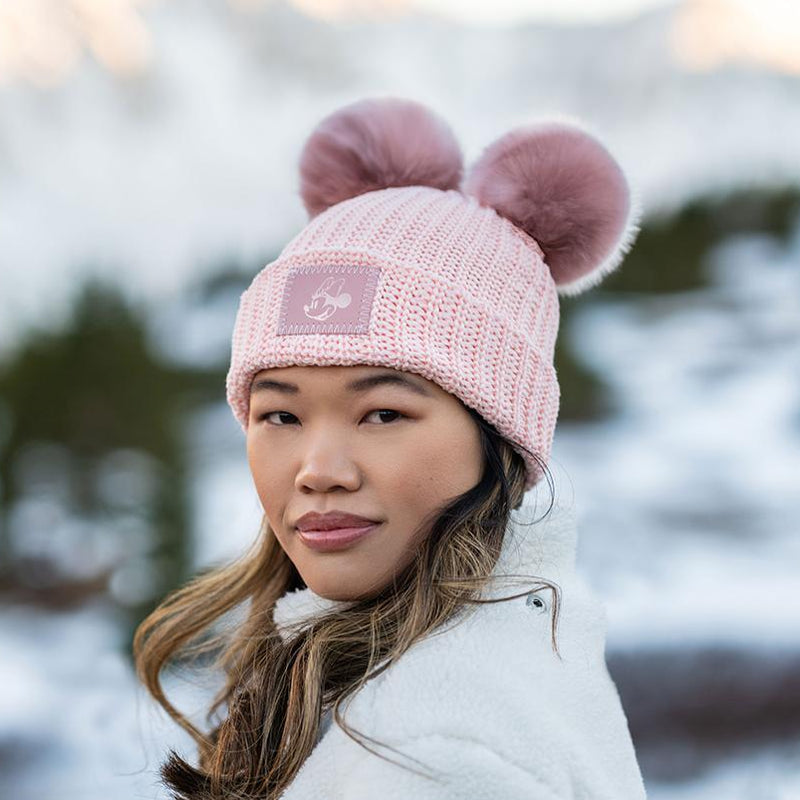 Minnie Mouse Rose Gold Blush and Metallic Rose Gold Yarn Double Pom Beanie