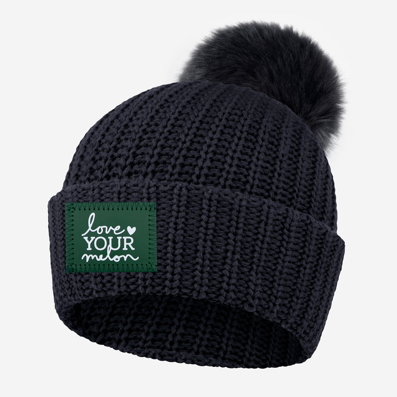 Dark Charcoal Pom Beanie (Green Leather White Foil Patch)