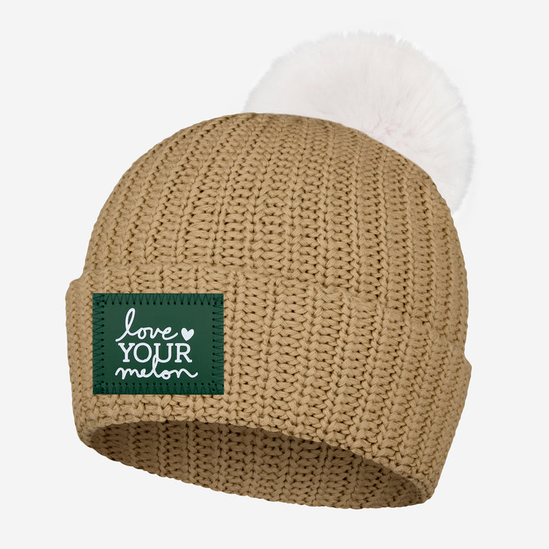 Tan Pom Beanie (Green Leather White Foil Patch)