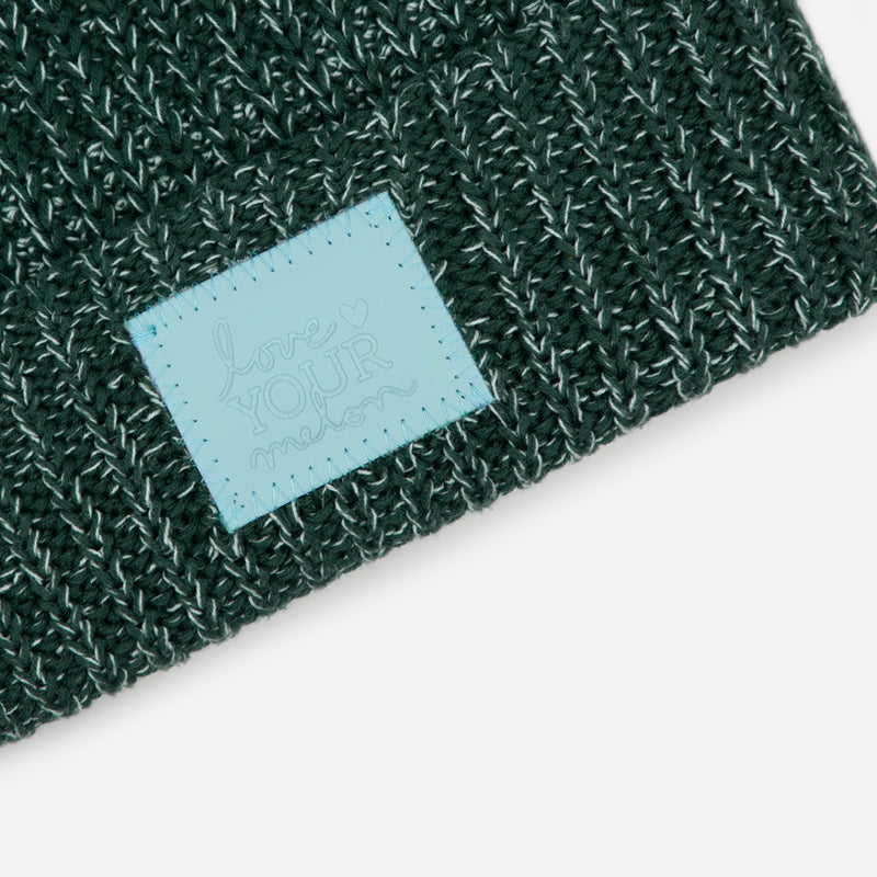Evergreen Speckled Pom Beanie (Light Blue Leather Patch)