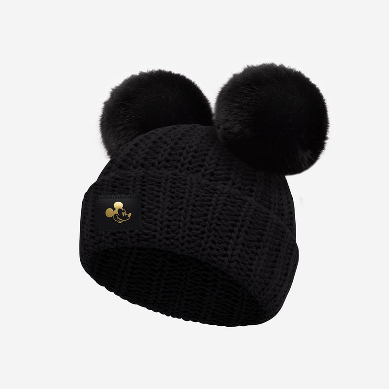 Mickey Mouse Baby Black Gold Foil Double Pom Beanie