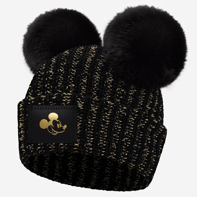 Mickey Mouse Gold Foil Black and Metallic Gold Yarn Double Pom Beanie
