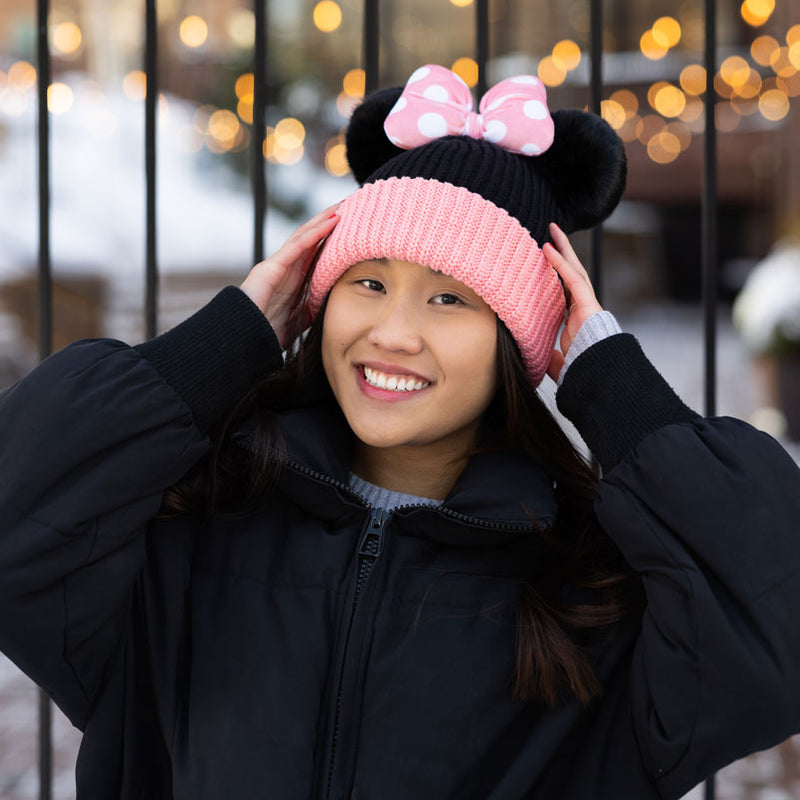 Minnie Mouse Pink and Black Double Pom Beanie