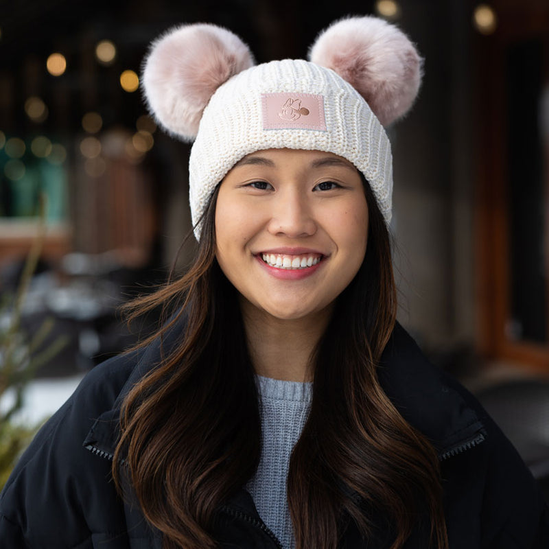Minnie Mouse White Speckled Double Pom Beanie