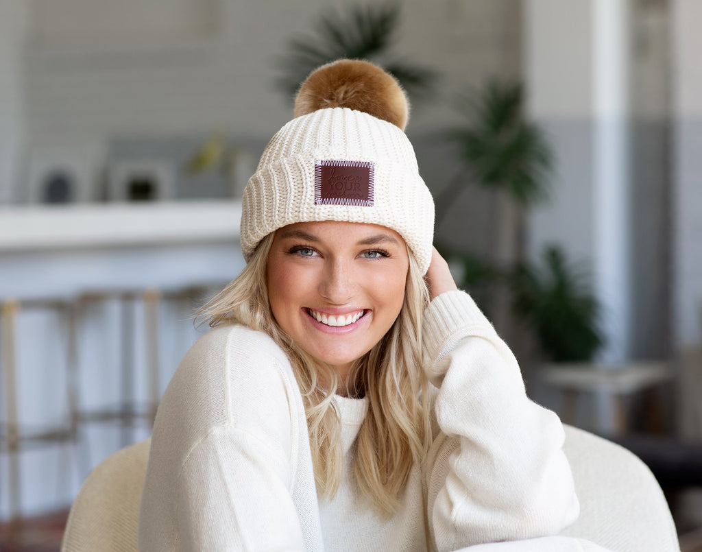 Love Your Melon White Beanie Hat with Natural Pom
