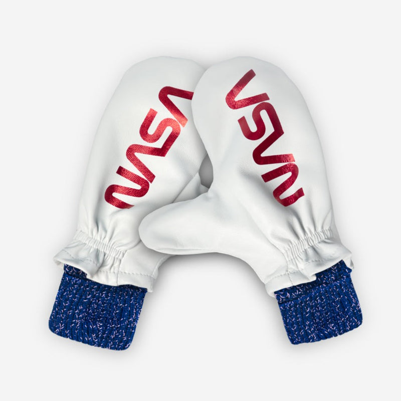 NASA White Leather Mittens with Royal Blue Knit Liner