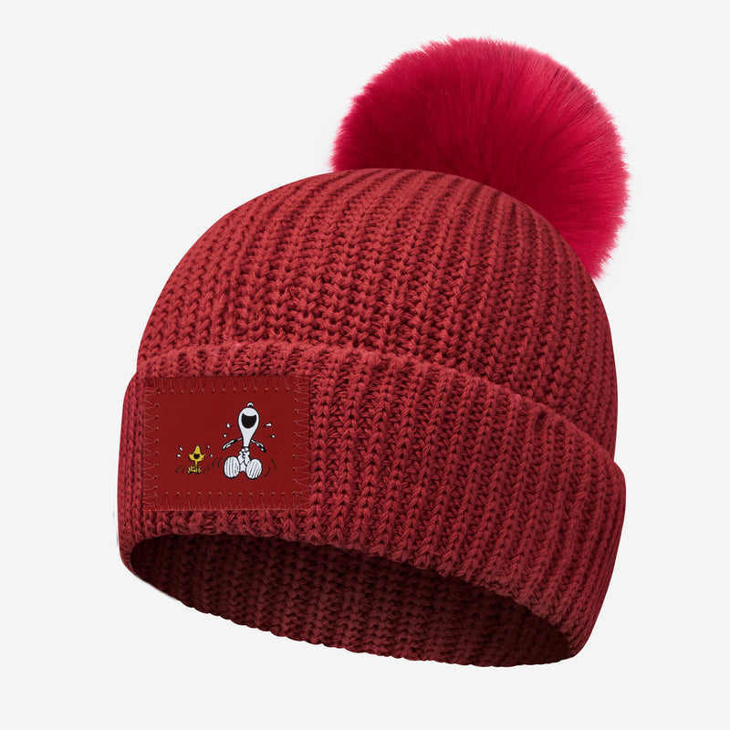 Snoopy and Woodstock Laughing Crimson Kids Lightweight Pom Beanie