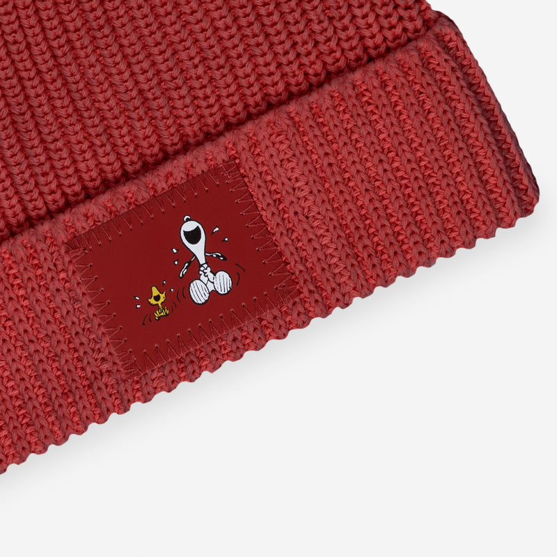 Snoopy and Woodstock Laughing Crimson Lightweight Pom Beanie