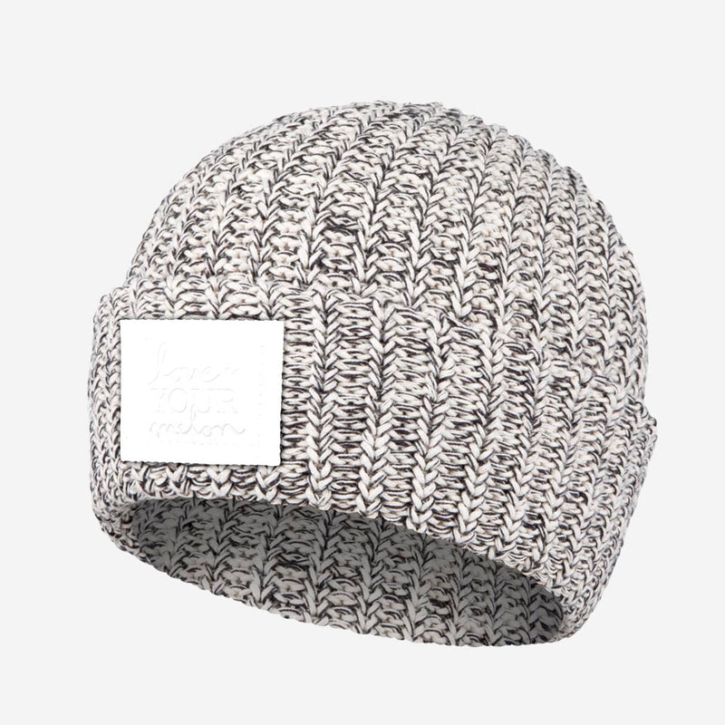 Black Speckled Cuffed Beanie (White Leather Patch)-Beanie-Love Your Melon
