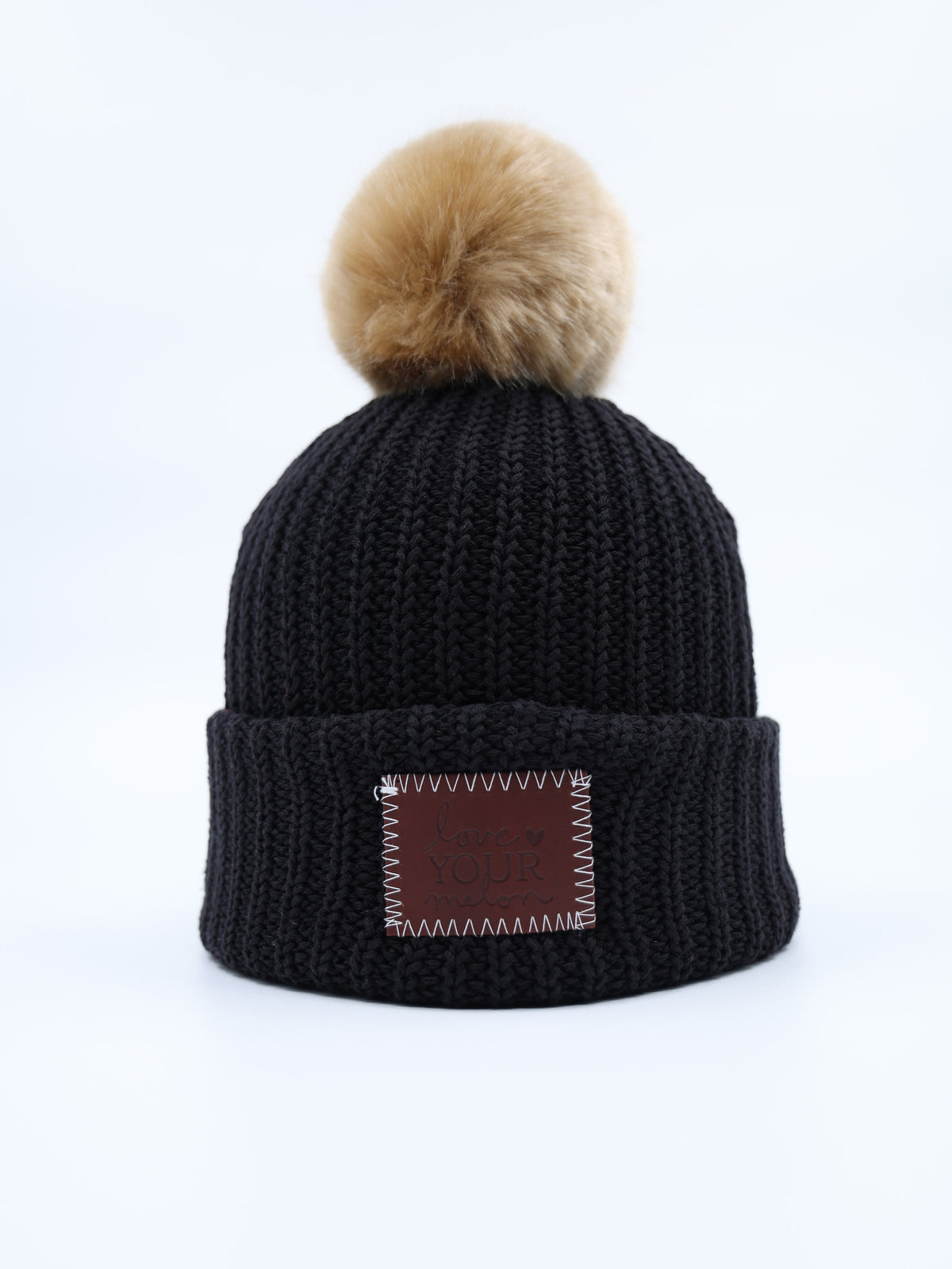 David and Young Black Knit Beanie with Brown Faux Fur Pom-Pom Faux Fur Pom Pom Beanie main image 2
