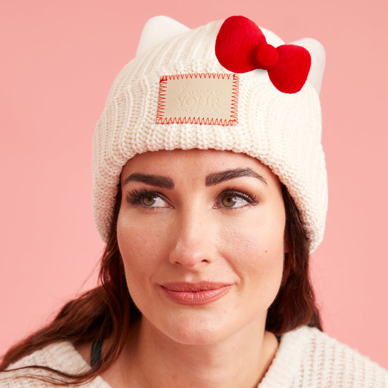 HELLO KITTY® White Speckled Cuffed Beanie with Ears & Bow