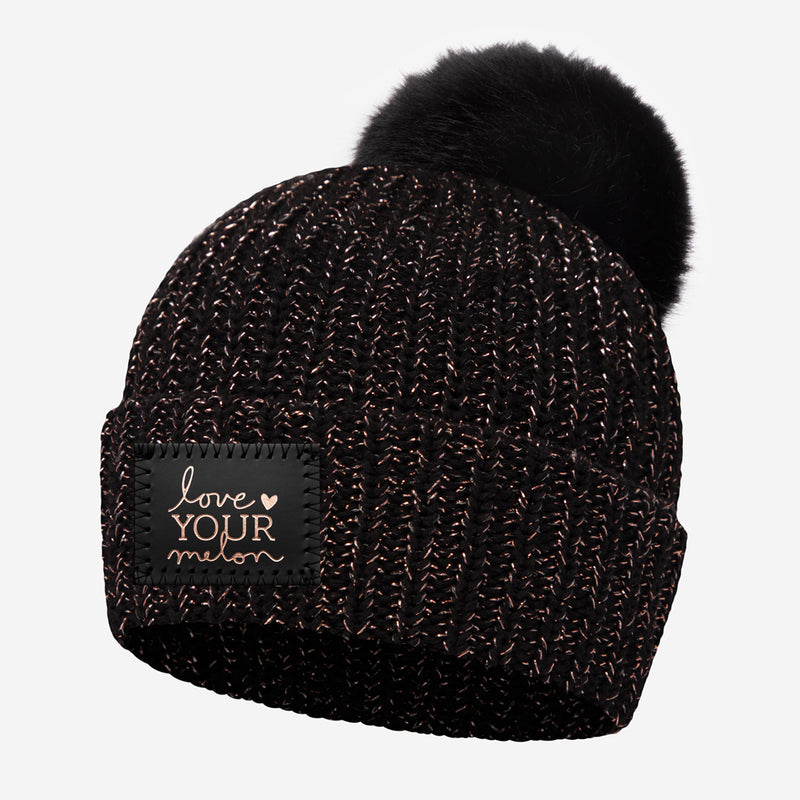 Black and Rose Gold Metallic Speckled Pom Beanie
