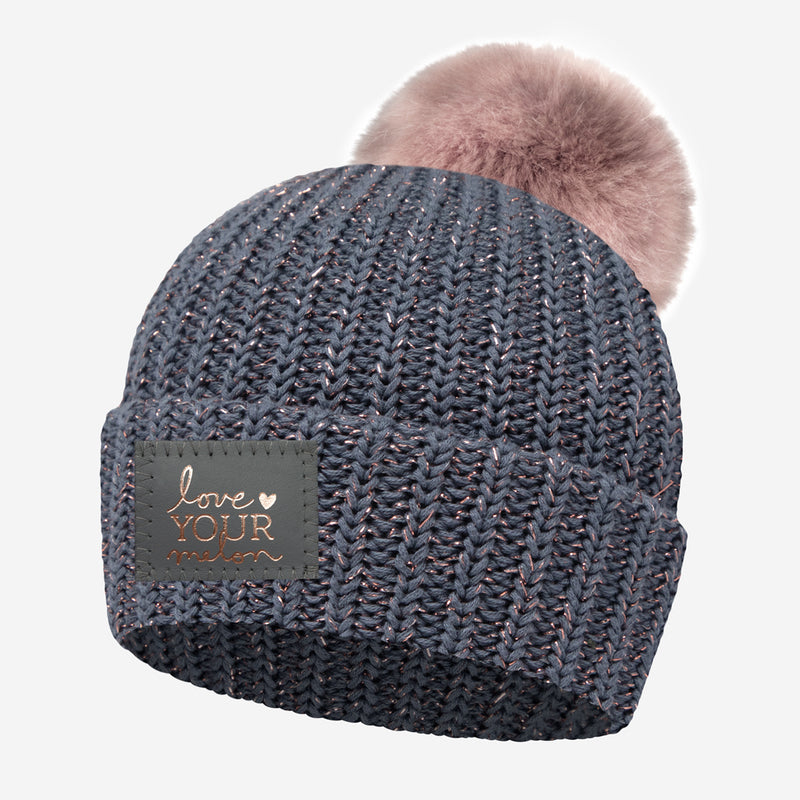 Light Charcoal and Rose Gold Metallic Speckled Pom Beanie