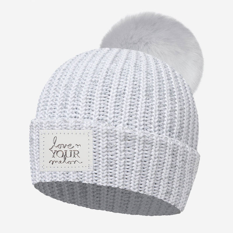 White and Silver Metallic Speckled Pom Beanie