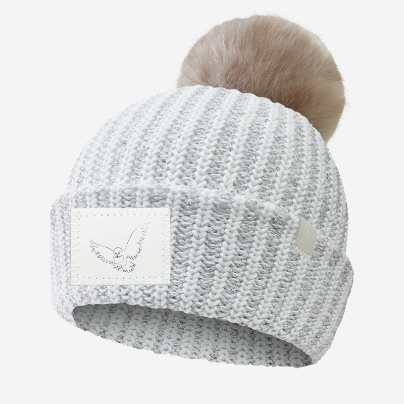 White and Silver Metallic Hedwig Pom Beanie