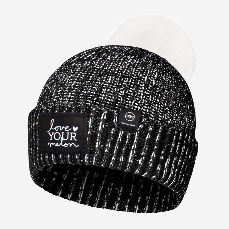 Love Your Melon Black and White Speckled 37.5 Lightweight Pom Beanie