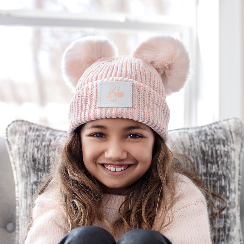 Blush Minnie Mouse Rose Gold Foil Kids Lightweight Double Pom Beanie (White Patch)