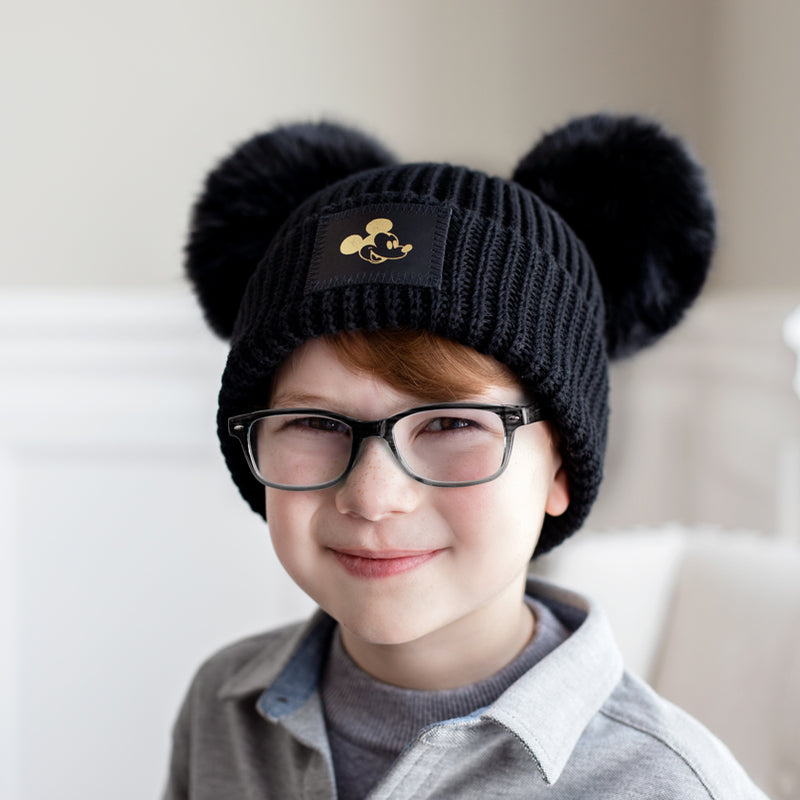 Black Mickey Mouse Gold Foil Kids Lightweight Double Pom Beanie