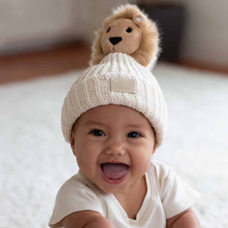 Baby Natural Pom Beanie with Lion Love Pom