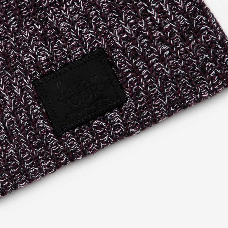 Black, Burgundy and White Speckled Beanie (Black Leather Patch)