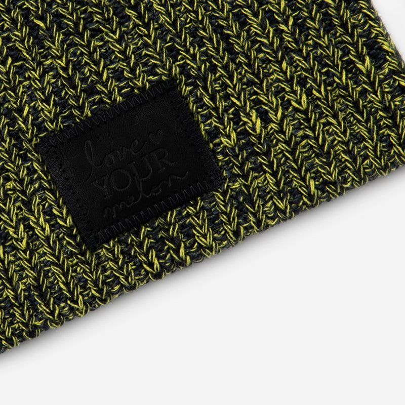 Black, Dark Charcoal, Chartreuse Speckled Beanie (Black Leather Patch)