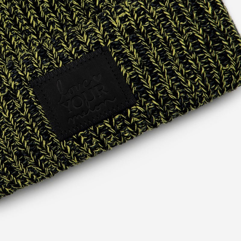 Black, Dark Charcoal, Chartreuse Speckled Pom Beanie (Black Leather Patch)