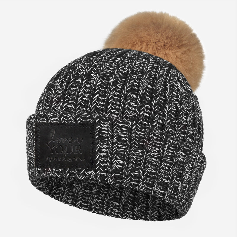 Black and White Speckled Pom Beanie (Black Leather Patch)