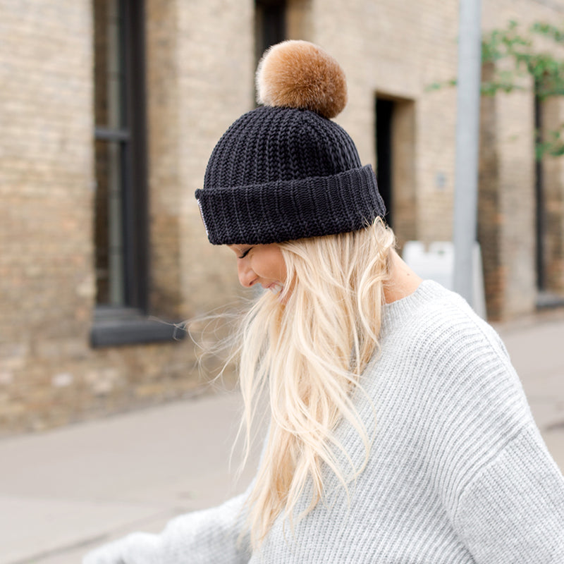 Umber+Fawn Organic Ribbed Beanie (Sand+Black Logo) — Umber and Fawn
