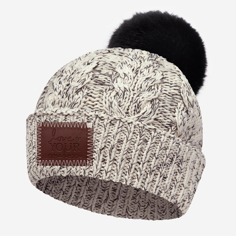 Black Speckled Cable Knit Pom Beanie