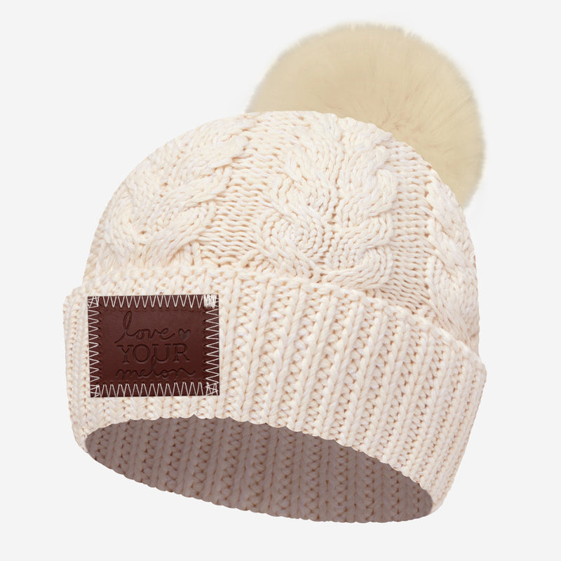 White Speckled Cable Knit Pom Beanie