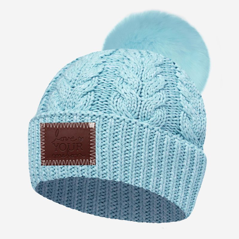 Light Blue and White Cable Knit Pom Beanie