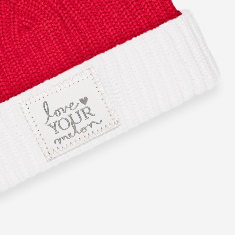 Red and White Silver Foil Pom Beanie