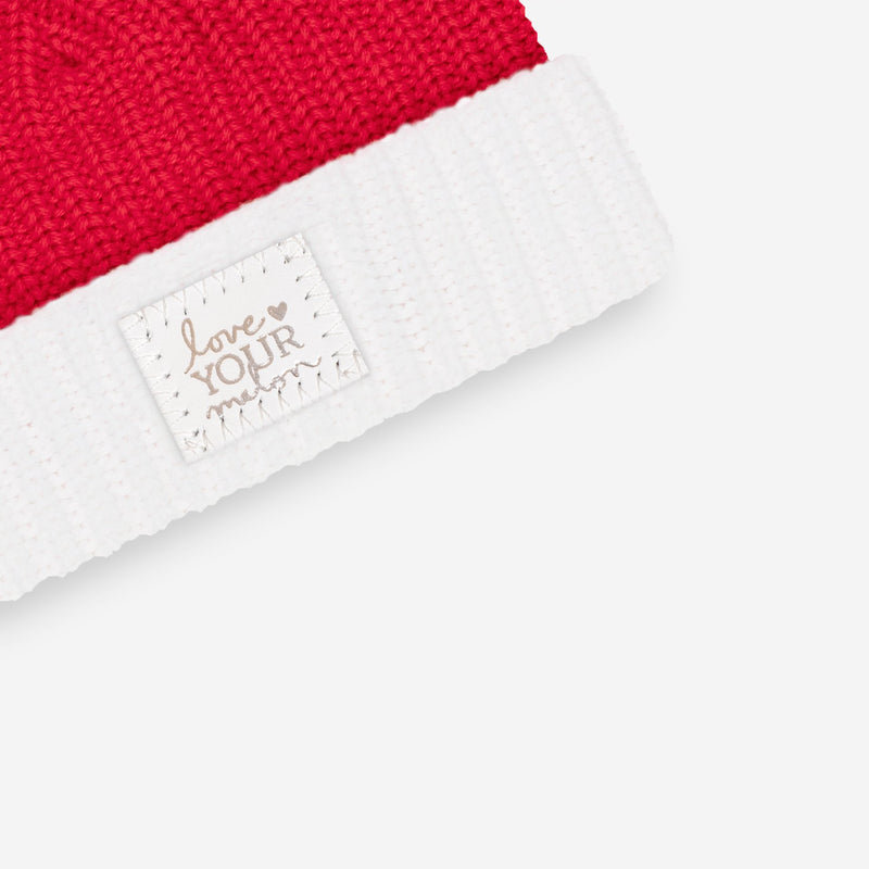 Red and White Silver Foil Baby Pom Beanie