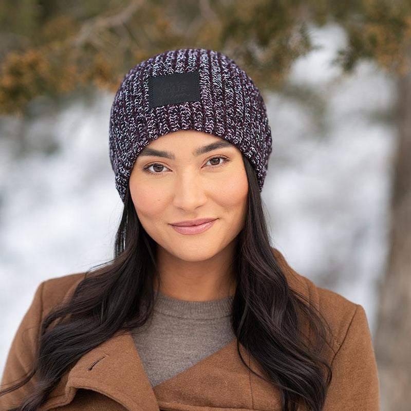 Black, Burgundy and White Speckled Beanie (Black Leather Patch)