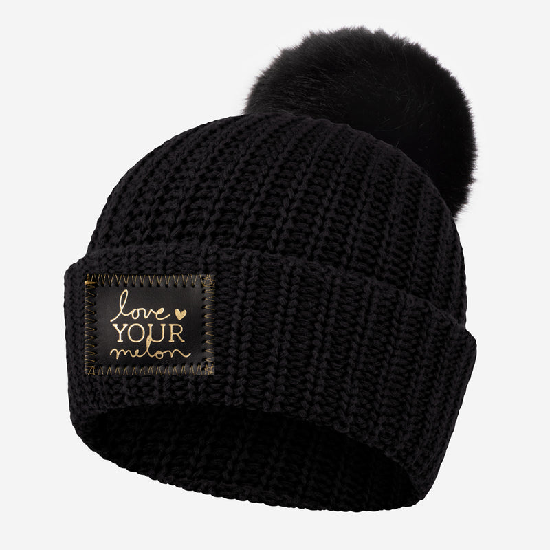 Black Gold Foil and Stitching Pom Beanie