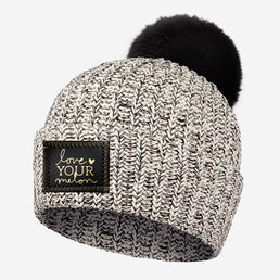 Black Speckled Gold Foil and Stitching Pom Beanie