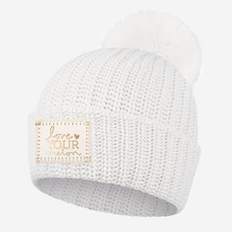 White Gold Foil and Stitching Pom Beanie