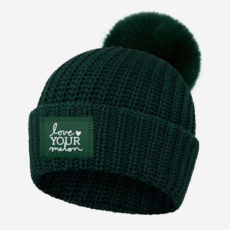 Hunter Green Pom Beanie (Green Leather White Foil Patch)