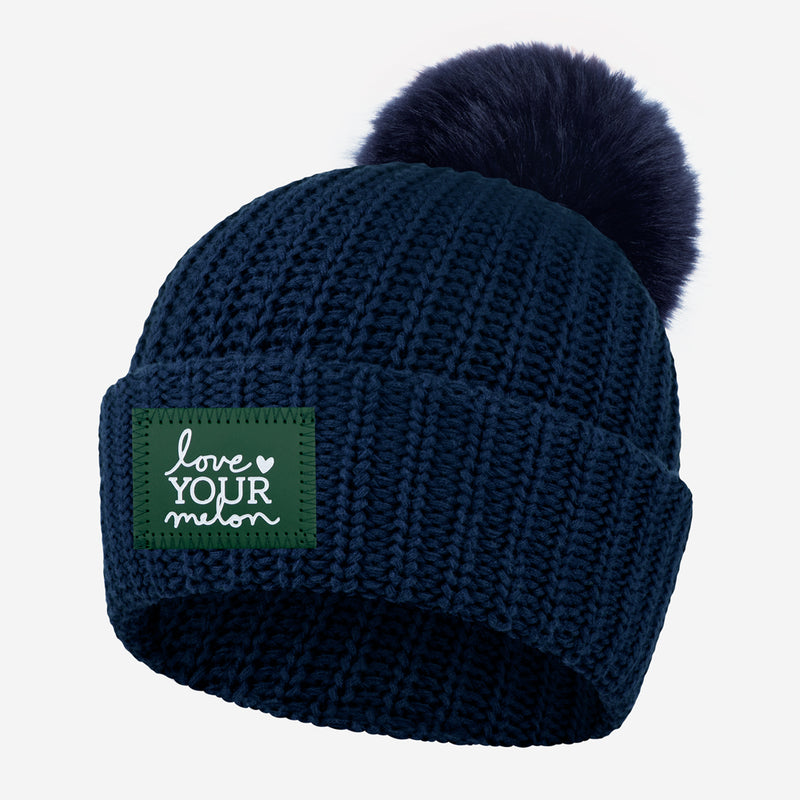 Light Navy Pom Beanie (Green Leather White Foil Patch)