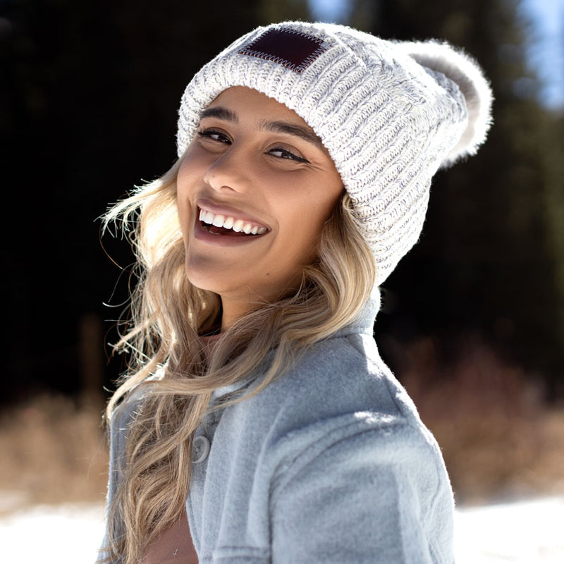 Gray Speckled Cable Knit Pom Beanie