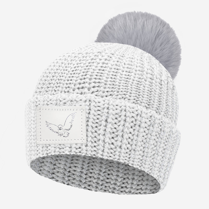 Harry Potter Hedwig White and Metallic Silver Yarn Pom Beanie