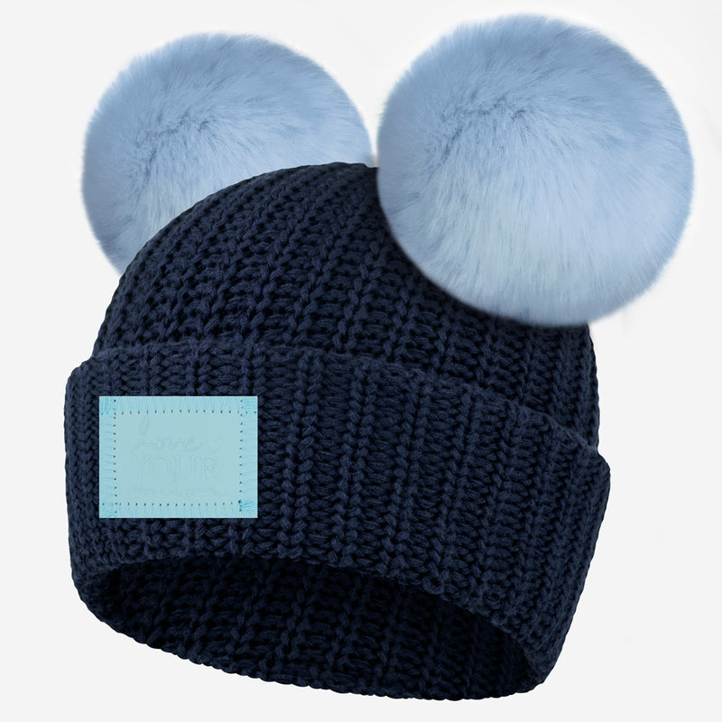 Navy Double Pom Beanie (Light Blue Leather Patch)