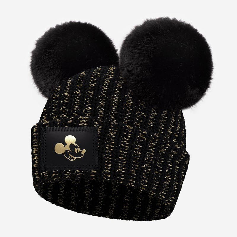 Mickey Mouse Kids Gold Foil Black and Metallic Gold Yarn Double Pom Beanie