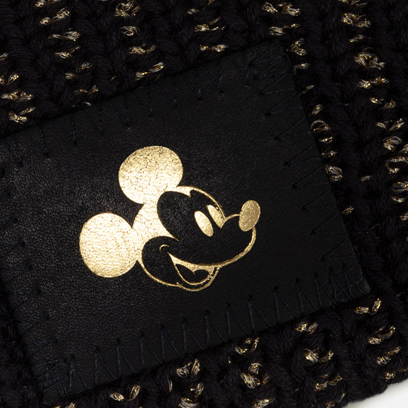 Mickey Mouse Kids Gold Foil Black and Metallic Gold Yarn Double Pom Beanie