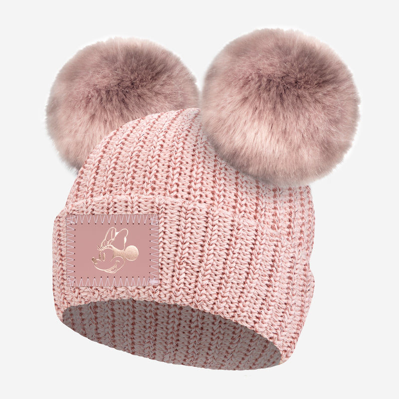 Minnie Mouse Kids Rose Gold Blush and Metallic Rose Gold Yarn Double Pom Beanie