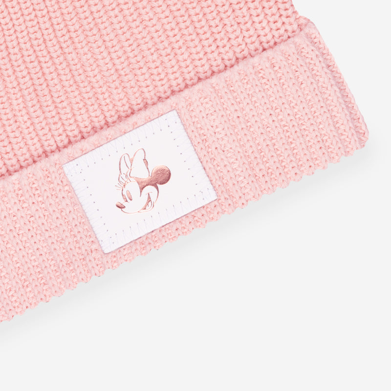 Blush Minnie Mouse Rose Gold Foil Kids Lightweight Double Pom Beanie (White Patch)