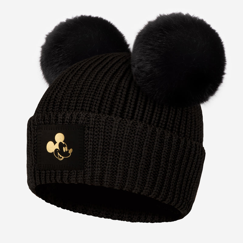 Black Mickey Mouse Gold Foil Lightweight Double Pom Beanie
